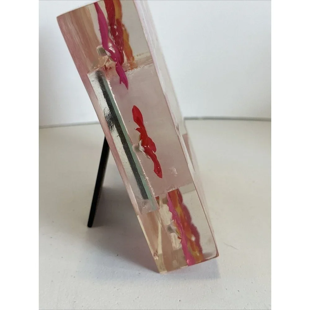Acrylic Lucite Mod 3D Encased Pink Silk Flower Vtg 5.5
